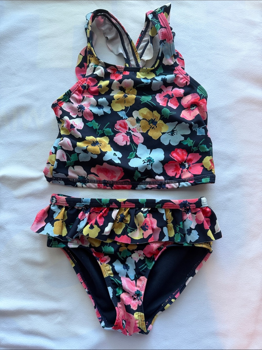 Joules Laurielle Two Piece Swimsuit Set Navy Floral Racerback Ruffle Sz 4T Girls